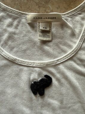 Marc Jacobs White Ribbed Tank with Black Sequin Animal Patch